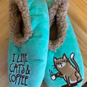 Cat & Coffee Plush Slippers - Teal
